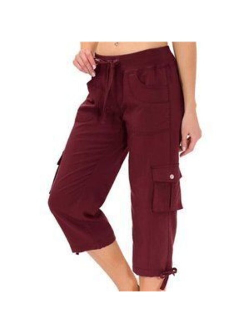 Women's Capris with Pockets Loose Fit Casual Baggy Cargo Pants, Burgundy Red